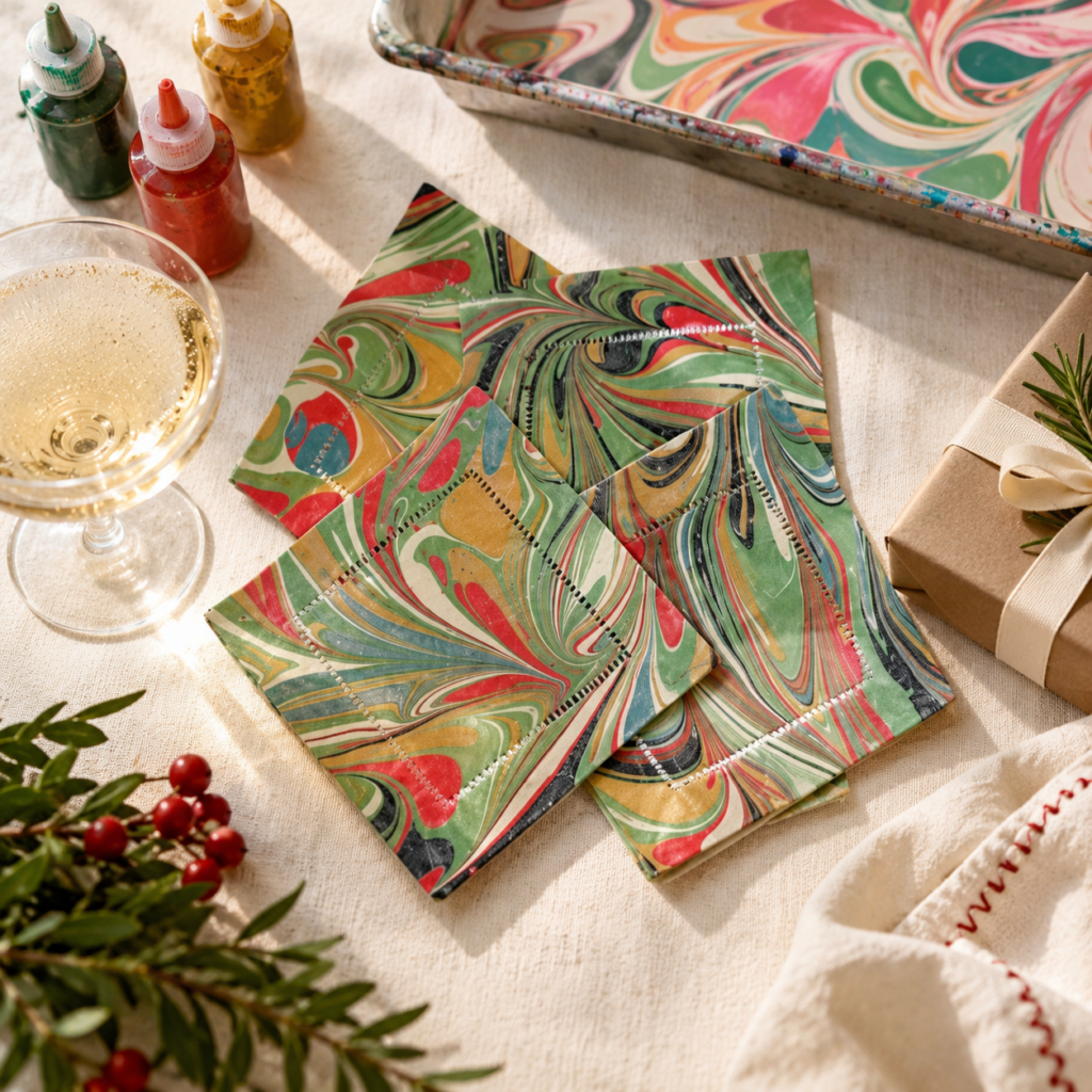 Hand-marbled cocktail napkins on a holiday table